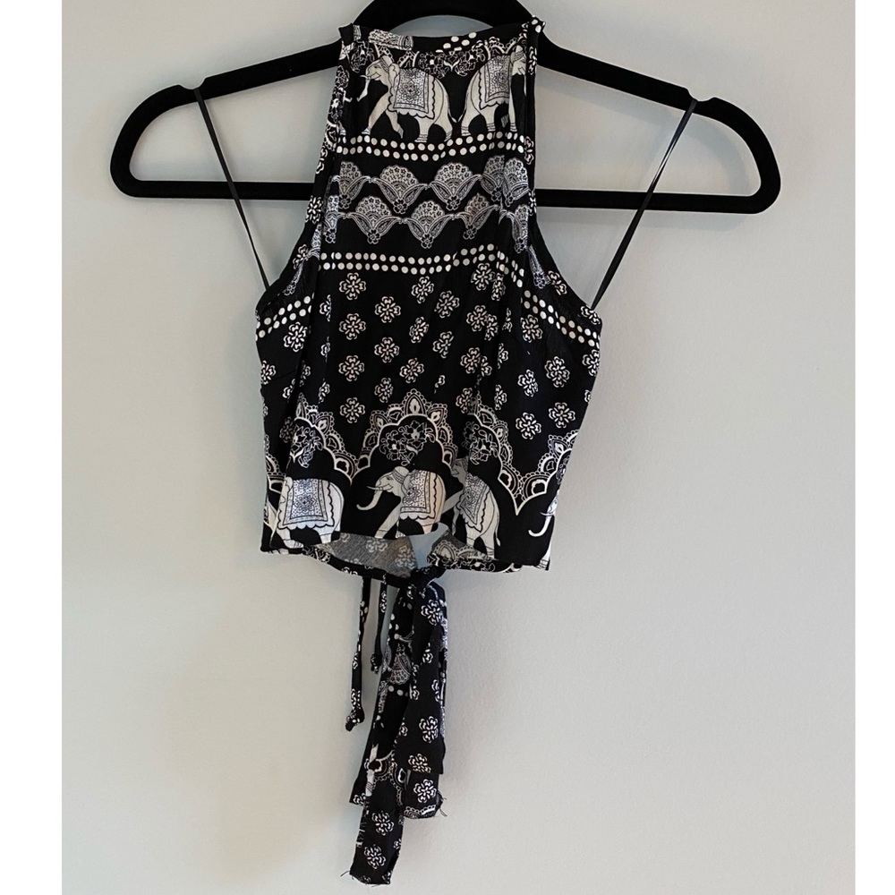 Black and White Boho Halter Neck Crop Top